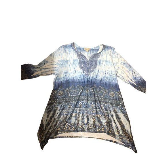 ENERGIE BLUE MULTICOLOR With LACE 3/4 SLEEVE SHARK BITE HEM EMBELLISHED pullover - Picture 7 of 13